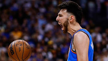 May 15, 2025; Denver, Colorado, USA; Oklahoma City Thunder forward Chet Holmgren (7) reacts after a play in the second quarter against the Denver Nuggets during game six of the second round for the 2025 NBA Playoffs at Ball Arena. Mandatory Credit: Isaiah J. Downing-Imagn Images
