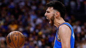 May 15, 2025; Denver, Colorado, USA; Oklahoma City Thunder forward Chet Holmgren (7) reacts after a play in the second quarter against the Denver Nuggets during game six of the second round for the 2025 NBA Playoffs at Ball Arena. Mandatory Credit: Isaiah J. Downing-Imagn Images