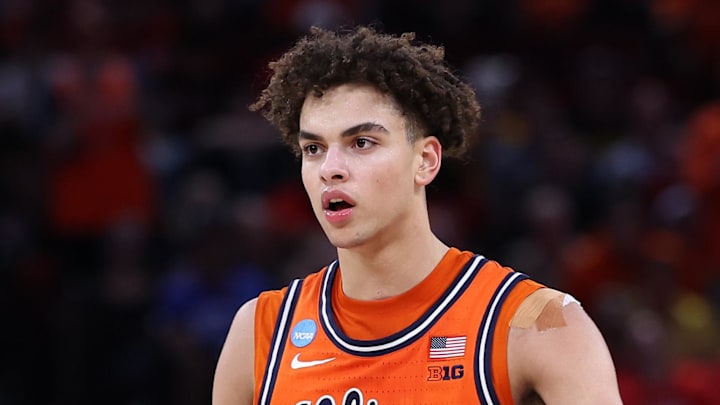 Mar 26, 2026; Houston, TX, USA; Illinois Fighting Illini guard Keaton Wagler (23) reacts against the Houston Cougars in the first half during a Sweet Sixteen game of the South Regional of the men's 2026 NCAA Tournament at Toyota Center. Mandatory Credit: Troy Taormina-Imagn Images