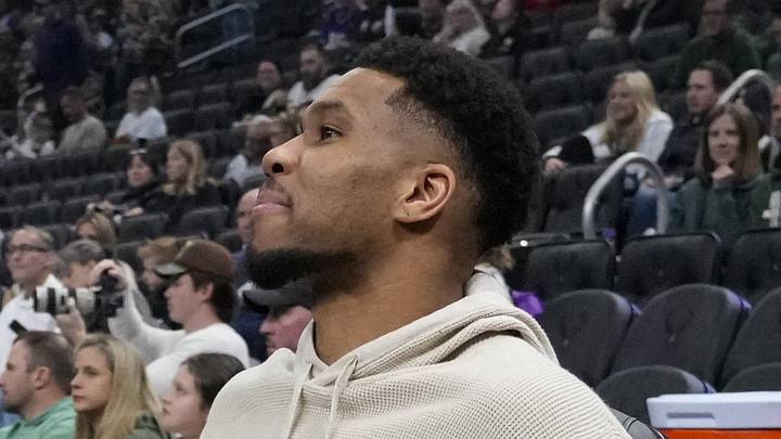 Apr 10, 2026; Milwaukee, Wisconsin, USA;  Milwaukee Bucks forward Giannis Antetokounmpo (34) sits on the bench prior to the game against the Brooklyn Nets at Fiserv Forum. Mandatory Credit: Jeff Hanisch-Imagn Images