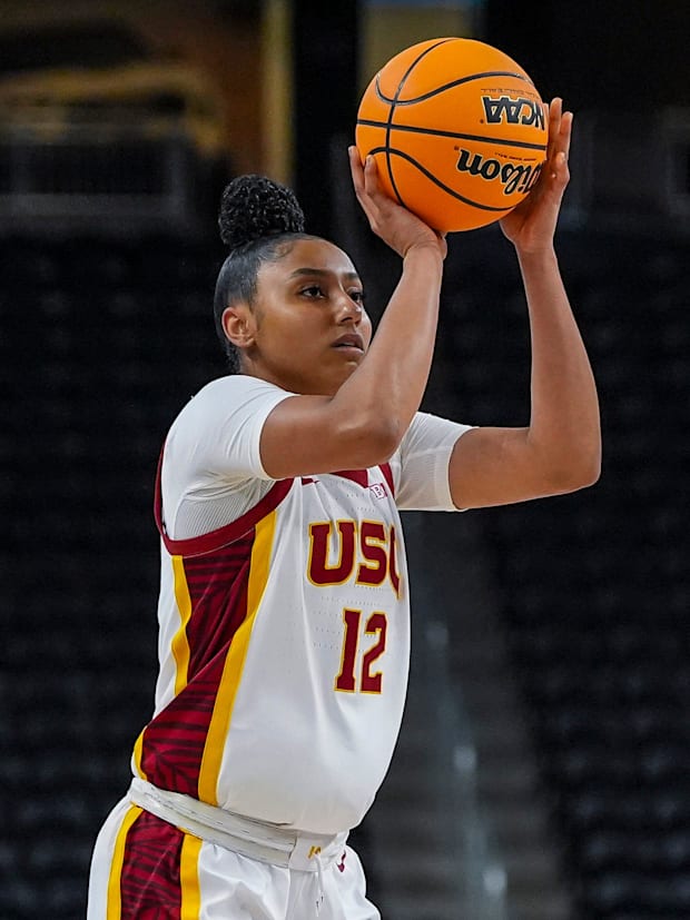 JuJu Watkins (12) shoots a basket during the first quarter of the USC Acrisure Series game in Palm Desert, Calif.