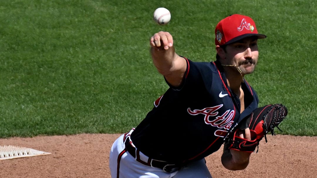 Mar 5, 2026; North Port, Florida, USA; Atlanta Braves relief pitcher Spencer Strider (99) throws a pitch in the fourth inning against the Toronto Blue Jays during spring training at CoolToday Park. Mandatory Credit: Jonathan Dyer-Imagn Images