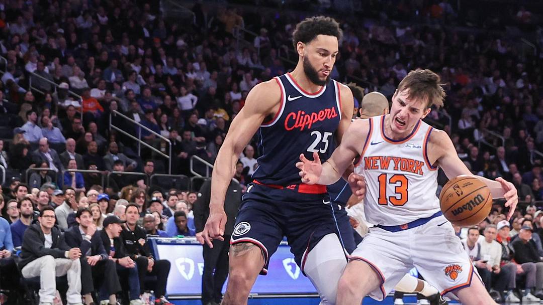 Mar 26, 2025; New York, New York, USA; New York Knicks guard Tyler Kolek (13) looks to drive past LA Clippers guard Ben Simmons (25) in the third quarter at Madison Square Garden. Mandatory Credit: Wendell Cruz-Imagn Images Mar 26, 2025; New York, New York, USA; New York Knicks guard Tyler Kolek (13) looks to drive past LA Clippers guard Ben Simmons (25) in the third quarter at Madison Square Garden. Mandatory Credit: Wendell Cruz-Imagn Images