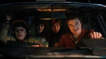 (L to R) Gaten Matarazzo as Dustin Henderson, Natalia Dyer as Nancy Wheeler, Charlie Heaton as Jonathan Byers, and Joe Keery as Steve Harrington in Stranger Things season 5