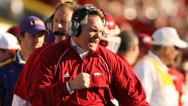 Razorbacks coach Houston Nutt calls to his players from the sidelines against the LSU Tigers.