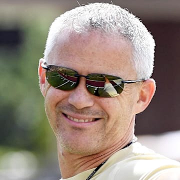 Apr 20, 2024; Tallahassee, Florida, USA; Florida State Seminoles head coach Mike Norvell smiles during the Spring Showcase at Doak S. Campbell Stadium. Mandatory Credit: Melina Myers-Imagn Images