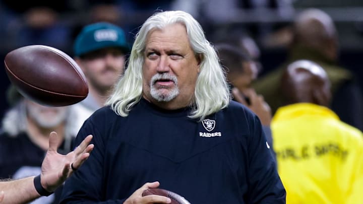 Oct 30, 2022; New Orleans, Louisiana, USA;  Las Vegas Raiders senior defensive assistant Rob Ryan looks on agains the New Orleans Saints during the first half at Caesars Superdome. Mandatory Credit: Stephen Lew-Imagn Images