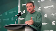 Michigan State head coach Jonathan Smith answers a question during a press conference on Oct. 27, 2025.
