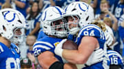 Oct 5, 2025; Indianapolis, Indiana, USA; Indianapolis Colts guard Quenton Nelson (56) celebrates Indianapolis Colts tight end Tyler Warren (84) after Warren scored a touchdown during a game against the Las Vegas Raiders  at Lucas Oil Stadium. Mandatory Credit: Grace Smith-USA TODAY Network via Imagn Images