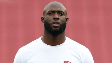 Jan 1, 2023; Tampa, Florida, USA;  Tampa Bay Buccaneers running back Leonard Fournette (7) warms up before a game against the Carolina Panthers at Raymond James Stadium. Mandatory Credit: Nathan Ray Seebeck-Imagn Images