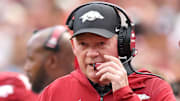 Arkansas Razorbacks interim coach Bobby Petrino during the second quarter against the Texas A&M Aggies at Donald W. Reynolds Razorback Stadium. 