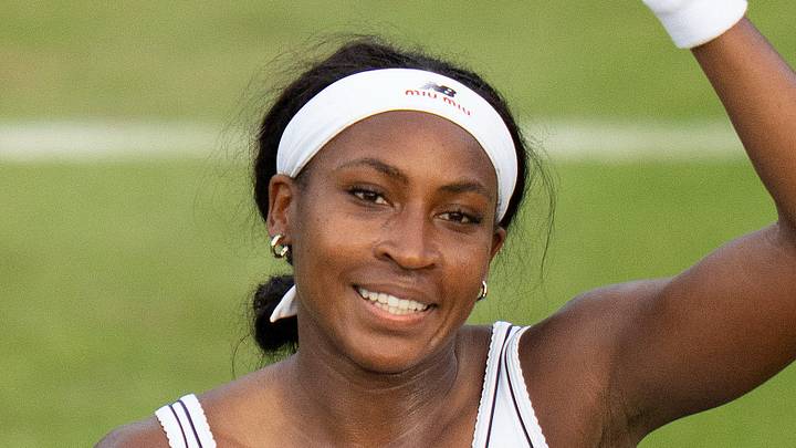 Coco Gauff celebrates winning her match at Wimbledon