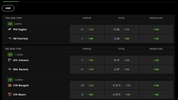 Patriots v. Eagles odds.