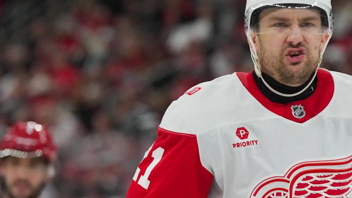 Feb 28, 2026; Raleigh, North Carolina, USA;  Detroit Red Wings left wing James van Riemsdyk (21) reacts against the Carolina Hurricanes during the third period at Lenovo Center. Mandatory Credit: James Guillory-Imagn Images