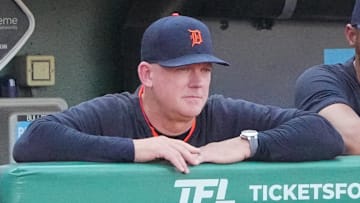 May 31, 2025; Kansas City, Missouri, USA; Detroit Tigers manager A.J. Hinch (14) watches play against the Kansas City Royals in the ninth inning at Kauffman Stadium. Mandatory Credit: Denny Medley-Imagn Images