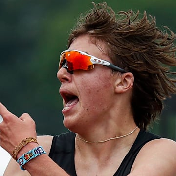 De Pere High School’s Grady Lenn holds up two fingers to signify winning his second state title during the 2025 WIAA Division 1 state track and field meet on Saturday, June 7, 2025, Tork Mason/USA TODAY NETWORK-Wisconsin