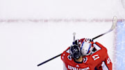 July 29, 2020; Toronto, Ontario, CANADA; Goaltender Vitek Vanecek #41 of the Washington Capitals is congratulated by teammates Ilya Kovalchuk #17, Lars Eller #20 and Nicklas Backstrom #19 after getting the save to win 3-2 in the exhibition game over the Carolina Hurricanes prior to the 2020 NHL Stanley Cup Playoffs at Scotiabank Arena on July 29, 2020 in Toronto, Ontario.  Mandatory Credit: Mark Blinch/NHLI via Imagn Images