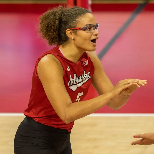 Nebraska middle blocker Rebeka Allick reacts to a call during the Red-White Scrimmage Saturday.