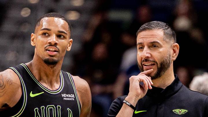 Mar 11, 2026; New Orleans, Louisiana, USA;  New Orleans Pelicans guard Dejounte Murray (5) talks to New Orleans Pelicans Interim Head Coach James Borrego against the Toronto Raptors during the second half at Smoothie King Center. Mandatory Credit: Stephen Lew-Imagn Images