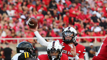 Aug 30, 2025; Lubbock, Texas, USA;  Texas Tech Red Raiders quarterback Behren Morton (2) passes against the Arkansas-Pine Bluff Golden Lions in the first half at Jones AT&T Stadium. Mandatory Credit: Michael C. Johnson-Imagn Images