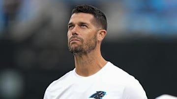 Aug 2, 2025; Charlottle, NC, USA;  Carolina Panthers head coach Dave Canales during Fanfest at Bank of America Stadium. Mandatory Credit: Jim Dedmon-Imagn Images