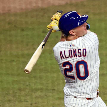 National League first baseman Pete Alonso (20) of the New York Mets hits a three run home run during the sixth inning during the 2025 MLB All Star Game at Truist Park on July 15. 