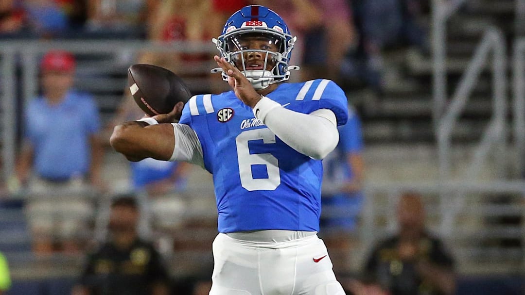 Sep 13, 2025; Oxford, Mississippi, USA; Mississippi Rebels quarterback Trinidad Chambliss (6) passes the ball during the second quarter against the Arkansas Razorback at Vaught-Hemingway Stadium. Mandatory Credit: Petre Thomas-Imagn Images