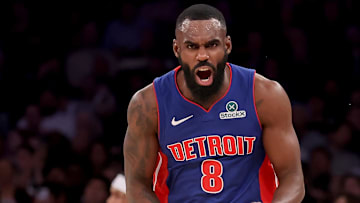 Former Detroit Pistons forward Tim Hardaway Jr. (8) celebrates his three-point shot against the New York Knicks during the second quarter at Madison Square Garden.