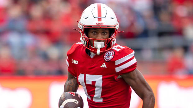 Nebraska wide receiver Jacory Barney Jr. gains seven yards on a pass against UCLA.