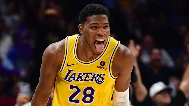 Feb 28, 2024; Los Angeles, California, USA; Los Angeles Lakers forward Rui Hachimura (28) reacts after scoring a three point basket against the Los Angeles Clippers during the second half at Crypto.com Arena. 