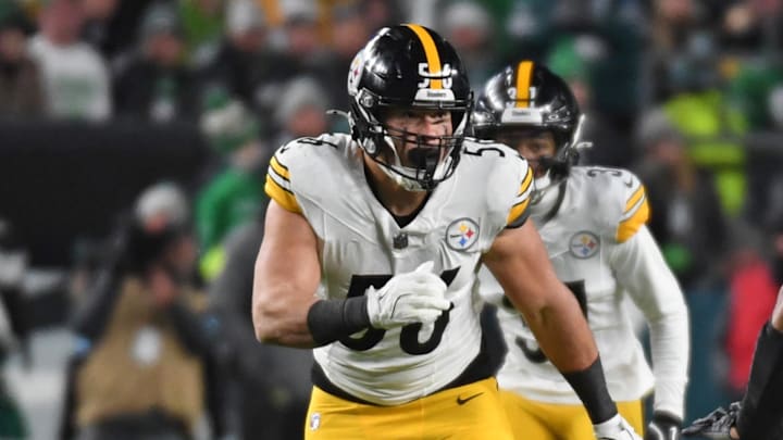 Dec 15, 2024; Philadelphia, Pennsylvania, USA; Pittsburgh Steelers linebacker Alex Highsmith (56) rushes against Philadelphia Eagles offensive tackle Jordan Mailata (68) at Lincoln Financial Field. Mandatory Credit: Eric Hartline-Imagn Images