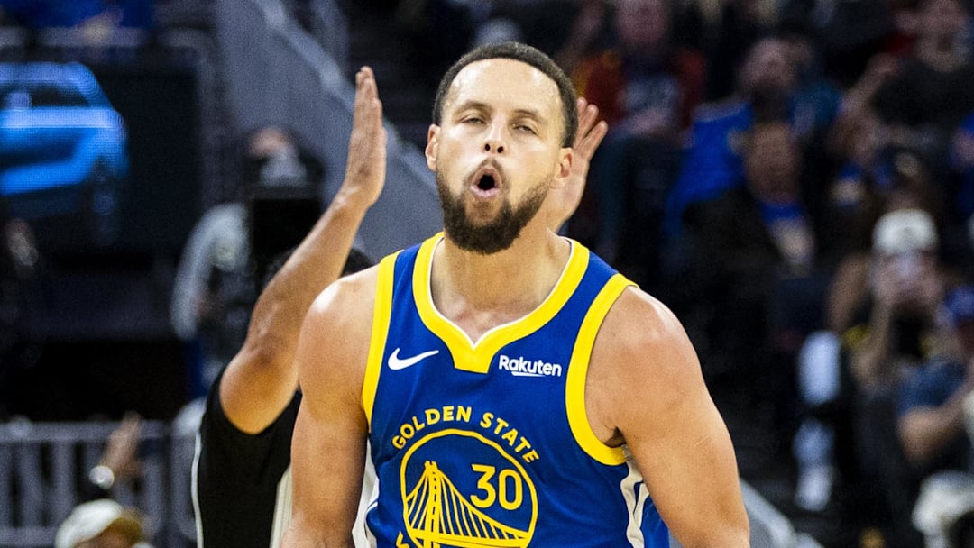Jan 3, 2026; San Francisco, California, USA;  Golden State Warriors guard Stephen Curry (30) reacts after hitting a three-point shot against the Utah Jazz during the third quarter at Chase Center. Mandatory Credit: John Hefti-Imagn Images