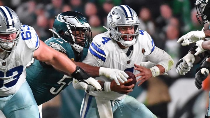 Nov 5, 2023; Philadelphia, Pennsylvania, USA;  Philadelphia Eagles defensive end Brandon Graham (55) sacks Dallas Cowboys quarterback Dak Prescott (4) during the fourth quarter at Lincoln Financial Field. Mandatory Credit: Eric Hartline-USA TODAY Sports