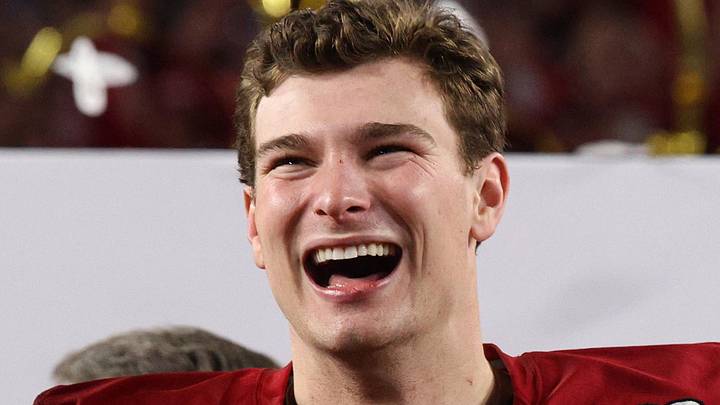 Former Indiana Hoosiers QB Fernando Mendoza  reacts after the College Football Playoff National Championship game.