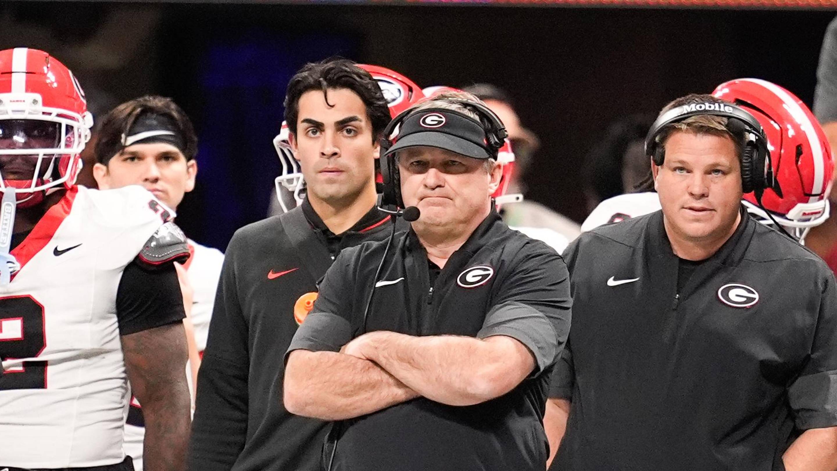 Dec 6, 2025; Atlanta, GA, USA; Georgia Bulldogs head coach Kirby Smart looks on during the first quarter against the Alabama Crimson Tide during the 2025 SEC Championship game at Mercedes-Benz Stadium. Mandatory Credit: Dale Zanine-Imagn Images