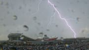 Lightning strikes near Arrowhead Stadium before the Chiefs and Ravens play.