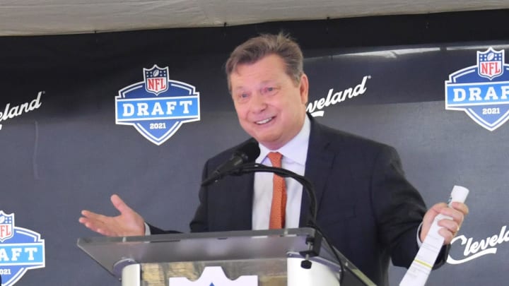 May 23, 2019; Cleveland, OH, USA; Voice of the Cleveland Browns Jim Donovan, right, speaks during a press conference in Public Square to announce Cleveland as the host of the 2021 NFL draft. Mandatory Credit: Ken Blaze-USA TODAY Sports