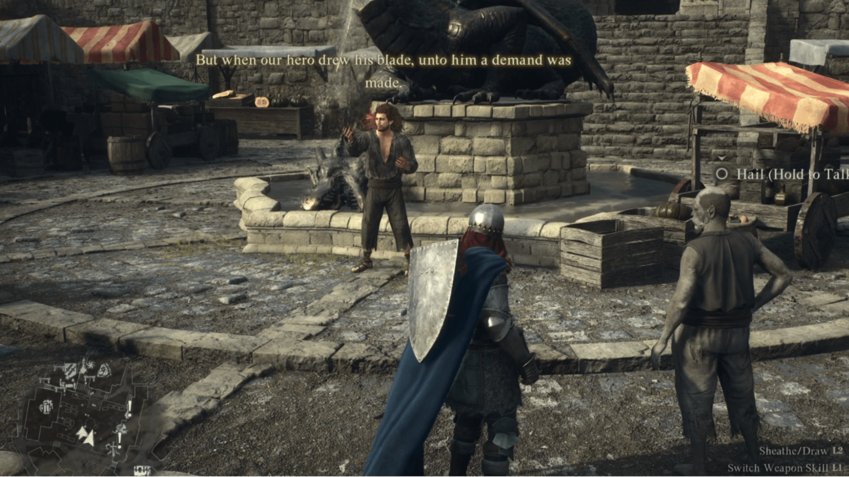 Dragon's Dogma 2 the beggar standing at the Vernworth fountain