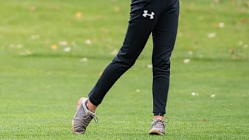 Hickory's Sasha Petrochko follows through on her swing during the second and final round of the PIAA Class 2A girls individual golf championships at Penn State University's White Course Tuesday, Oct. 17, 2023, in State College, Pa.