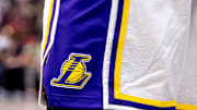 Apr 14, 2024; New Orleans, Louisiana, USA: Detailed view of the Los Angeles Lakers logo on the shorts of forward LeBron James (23) against the New Orleans Pelicans during the second half at Smoothie King Center. Mandatory Credit: Stephen Lew-Imagn Images