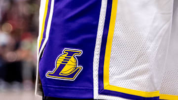 Apr 14, 2024; New Orleans, Louisiana, USA; Detailed view of the Los Angeles Lakers logo on the shorts of forward LeBron James (23) against the New Orleans Pelicans during the second half at Smoothie King Center. Mandatory Credit: Stephen Lew-Imagn Images