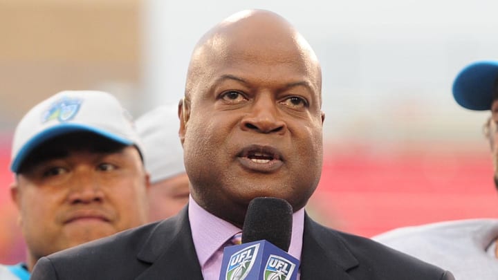 Dave Sims announces a game between the Las Vegas Locomotives against the Florida Tuskers on Nov. 27, 2009, at Sam Boyd Stadium.