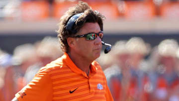 Oklahoma State head football coach Mike Gundy is pictured in the first half of the college football between the Oklahoma State University Cowboys and the Utah Utes at Boone Pickens Stadium in Stillwater, Okla., Saturday, Sept., 21, 2024.