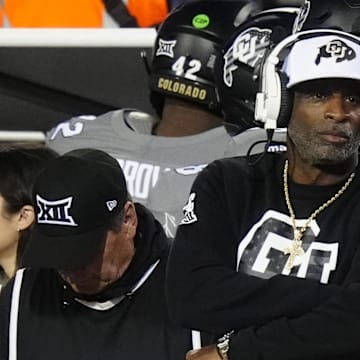 Nov 1, 2025; Boulder, Colorado, USA; Colorado Buffaloes head coach Deion Sanders on the sidelines in the second quarter against the Arizona Wildcats at Folsom Field. Mandatory Credit: Ron Chenoy-Imagn Images