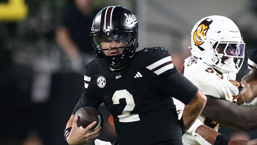 Mississippi State Bulldogs quarterback Blake Shapen (2) runs during the second quarter against the Mississippi State Bulldogs at Davis Wade Stadium at Scott Field.