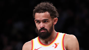 Trae Young #11 of the Atlanta Hawks looks on against the Brooklyn Nets.