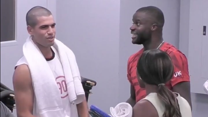 Frances Tiafoe reacted to Carlos Alcaraz's new haircut after his first-round match at the U.S. Open Monday. Frances Tiafoe reacted to Carlos Alcaraz's new haircut after his first-round match at the U.S. Open Monday.