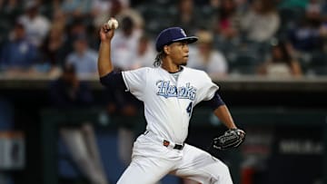 Hooks pitcher Miguel Ullola throws a pitch on Opening Night at Whataburger Field on Friday, April 5, 2024, in Corpus Christi, Texas.