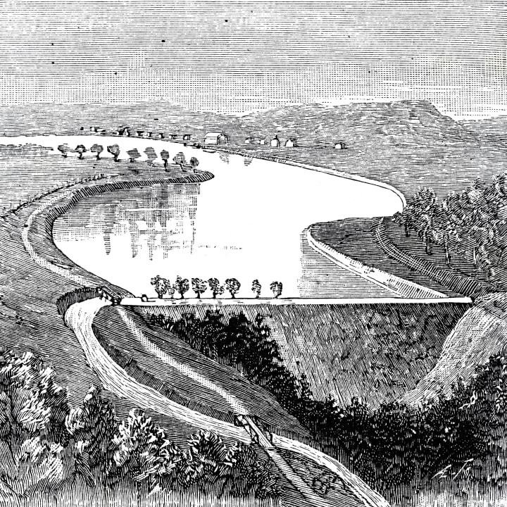 Drawing of the South Fork Dam before the disaster.