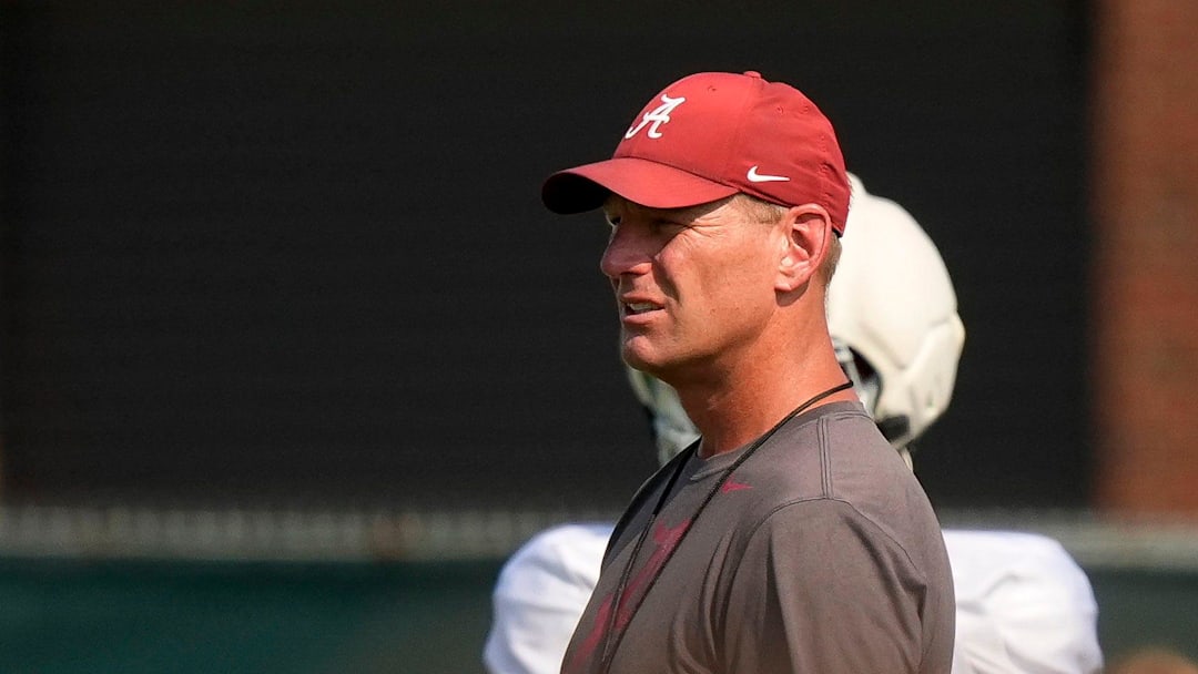 Aug. 19, 2025, Tuscaloosa, AL; Head Coach Kalen DeBoer watches his team go through practice for the Alabama Crimson Tide.